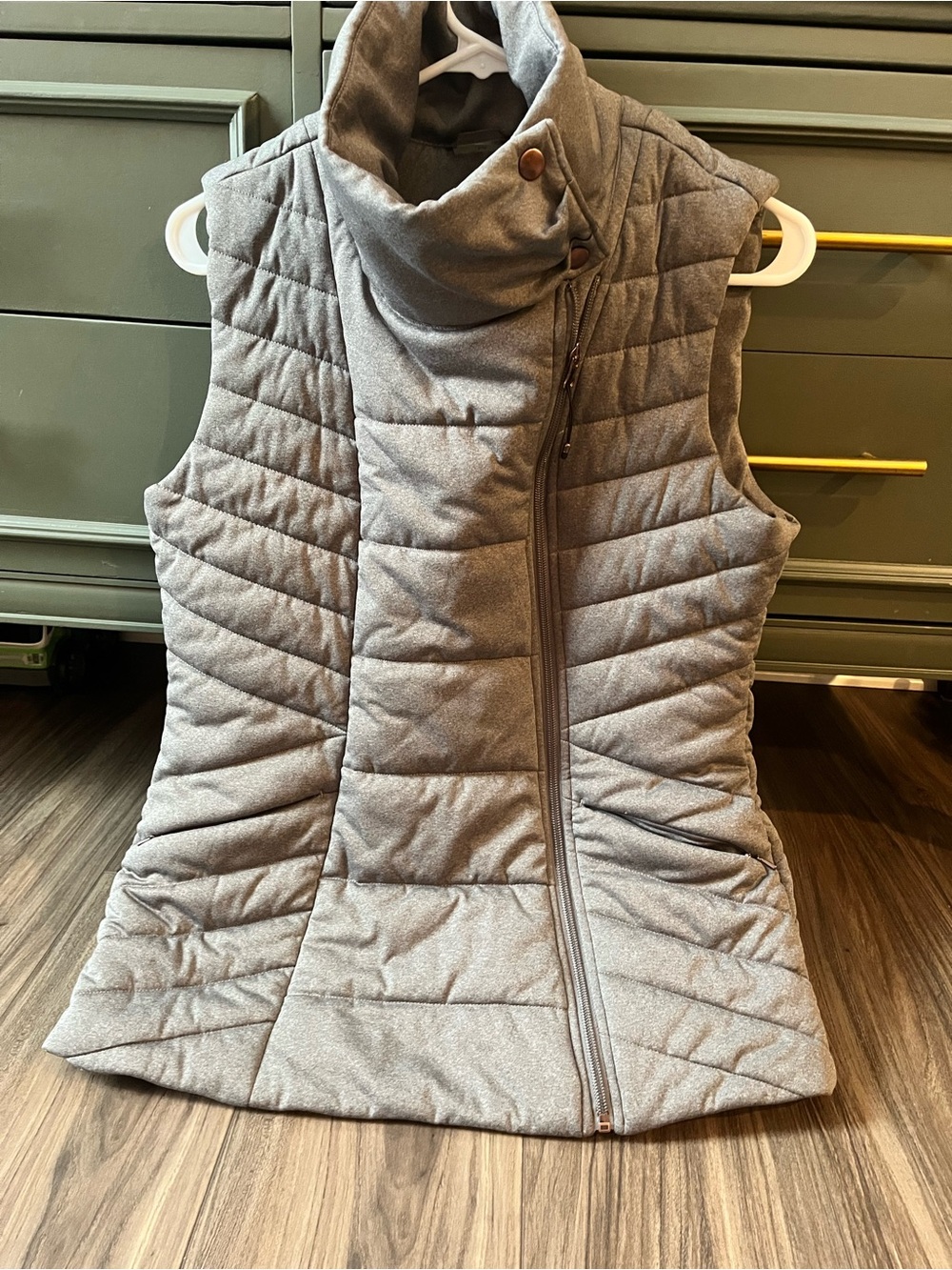 CALIA Quilted Asymmetrical Gray Women's Puffer Vest with High Collar